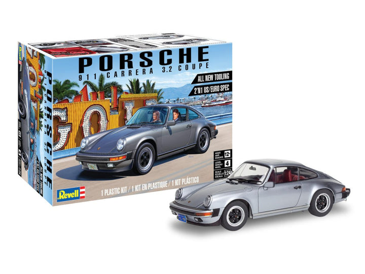 Revell 85-4521 1:24 Porsche 911 Carrera 3.2 Coupe 2-in-1 kit box and painted model example