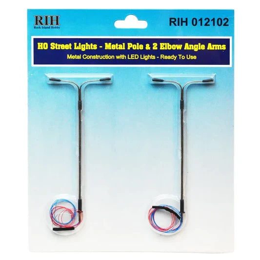 Rock Island Hobby RIH012102 HO Scale Street Lights w vertical pole and 2 elbow arms — exact product view