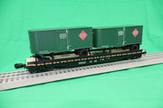Lionel 2426730 actual O gauge Railway Express Agency flatcar #1649 with two trailers view 1