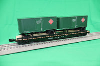 Lionel 2426730 actual O gauge Railway Express Agency flatcar #1649 with two trailers view 1