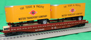 Lionel 2426750 actual O gauge Texas & Pacific flatcar #99402 with two trailers view 1