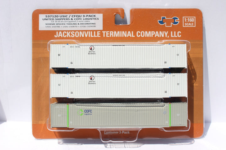 United Shippers(2) & COFC LOGISTICS(1) 53' HIGH CUBE 8-55-8 (3-pack) corrugated containers with Magnetic system, Corrugated-side. JTC # (537120) exact product view 1