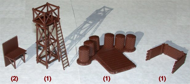 Unpainted Italeri 6030 watchtower, gabion emplacement and wooden battlefield structures assembled for reference