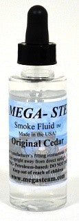 JT's Mega-Steam 100 Original Cedar smoke-fluid bottle with its labeled scent and black dropper cap.