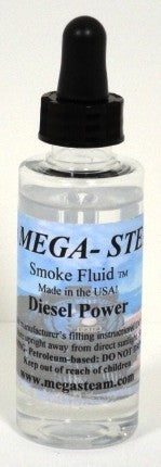 JT's Mega-Steam 102 Diesel Power smoke-fluid bottle with its labeled scent and black dropper cap.