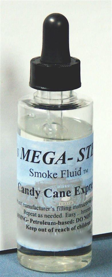 JT's Mega-Steam 116 Candy Cane Express smoke-fluid bottle with its labeled scent and black dropper cap.
