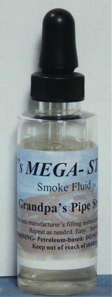 JT's Mega-Steam 120 Grandpa's Pipe Smoke smoke-fluid bottle with its labeled scent and black dropper cap.