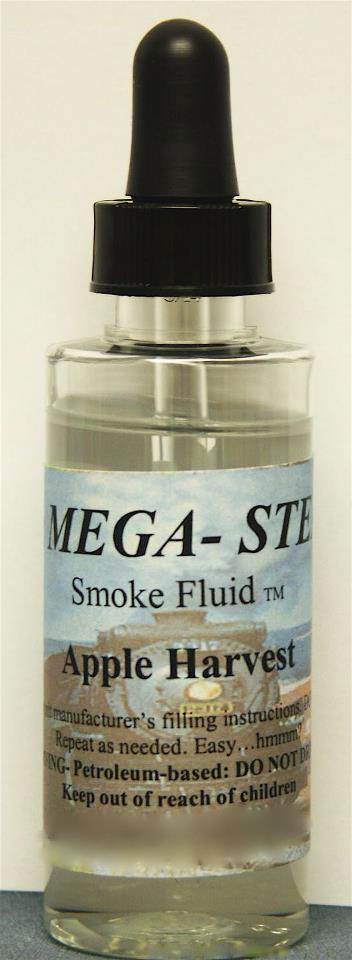 JT's Mega-Steam 125 Apple Harvest smoke-fluid bottle with its labeled scent and black dropper cap.