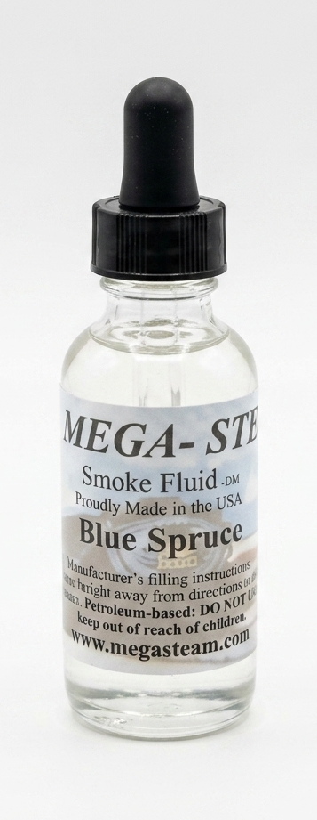 JT's Mega-Steam 148 Blue Spruce smoke-fluid bottle with its labeled scent and black dropper cap.