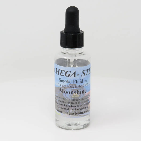 JT's Mega-Steam 151 Moonshine smoke-fluid bottle with its labeled scent and black dropper cap.