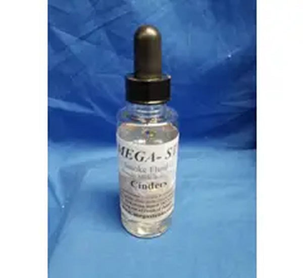 JT's Mega-Steam 155 Cinders smoke-fluid bottle with its Cinders label and dropper cap.