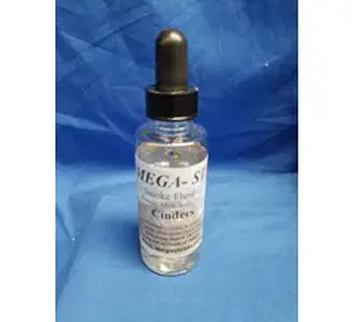 JT's Mega-Steam 155 Cinders smoke-fluid bottle with its Cinders label and dropper cap.