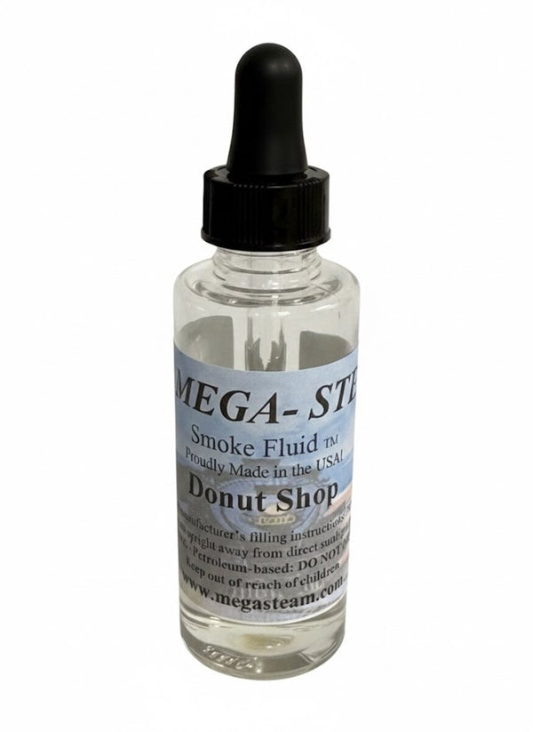 JT's Mega-Steam 159 Donut Shop smoke-fluid bottle with its labeled scent and black dropper cap.