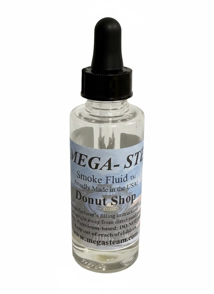 JT's Mega-Steam 159 Donut Shop smoke-fluid bottle with its labeled scent and black dropper cap.