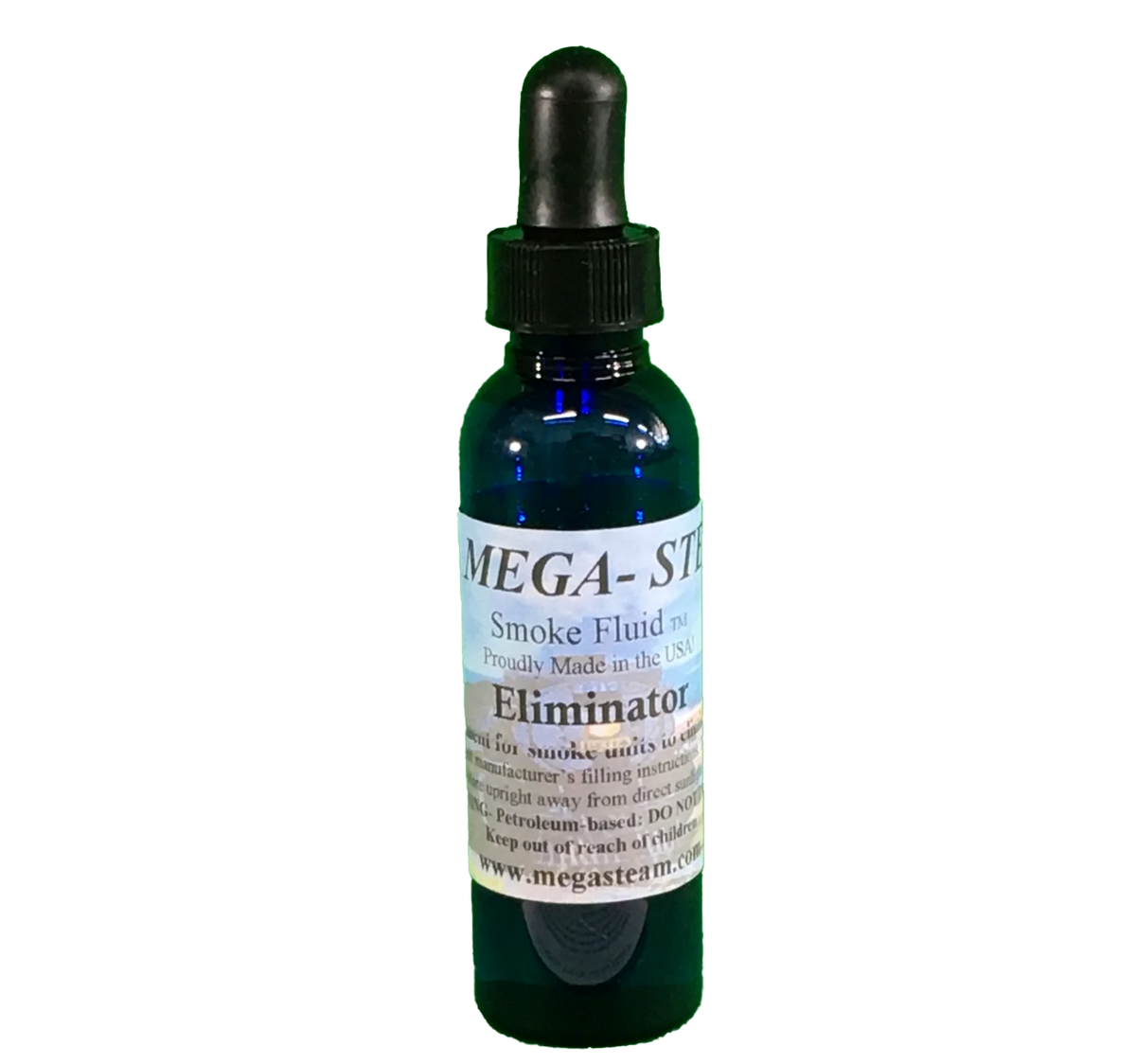 Single blue JT's Mega-Steam Eliminator treatment bottle with black dropper cap and Eliminator label.