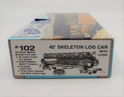 Kadee 102 package labeled 42-foot skeleton log car with logs