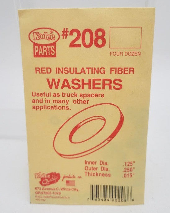 Kadee 208 red insulating fiber washer package, four dozen, with dimensions and UPC