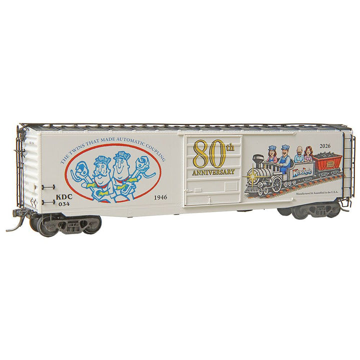 Kadee 6935 80th Anniversary 50-foot PS-1 boxcar with 1946–2026 graphics and KDC 034 markings