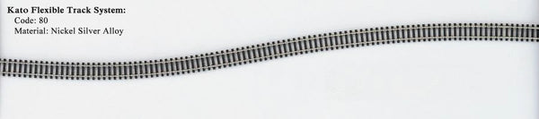 Kato 21-000 Code 80 nickel-silver flex track shown bent into a gentle curve; pack contains ten 808mm lengths
