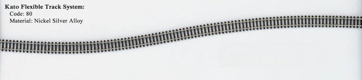 Kato 21-000 Code 80 nickel-silver flex track shown bent into a gentle curve; pack contains ten 808mm lengths