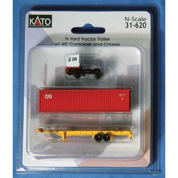Kato 31-620 white and red yard tractor, red CAI 40-foot container and yellow chassis in the original package