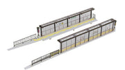 Kato 43-733 modern UNITRAM tram stop kit shown assembled with grey platform bases, shelters and access railings