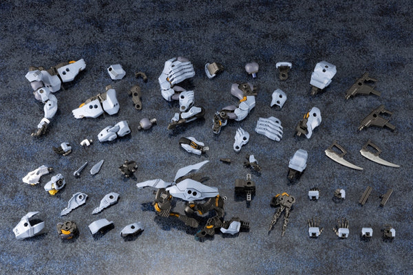 Kotobukiya HG155, physical Managarmr body components, armor, hands, gatling guns and daggers laid out