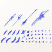 Kotobukiya MH38, complete clear-blue weapons, effect arms and joint parts laid out
