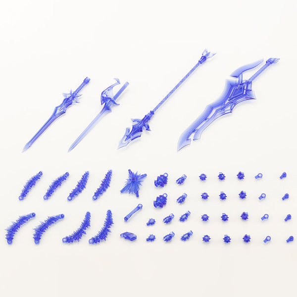 Kotobukiya MH38, complete clear-blue weapons, effect arms and joint parts laid out