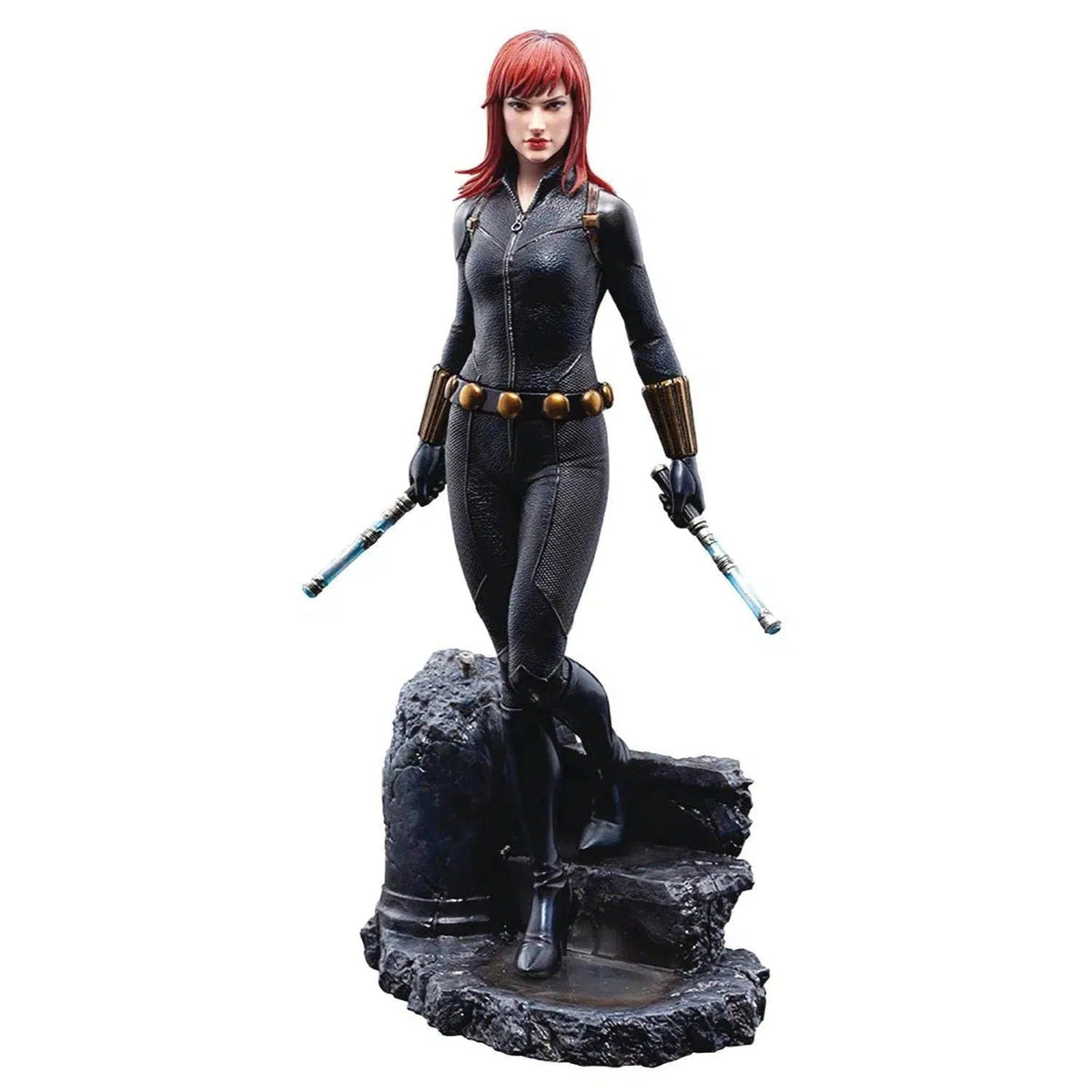 Kotobukiya MK307, full view of Black Widow in black costume on ruined stone base