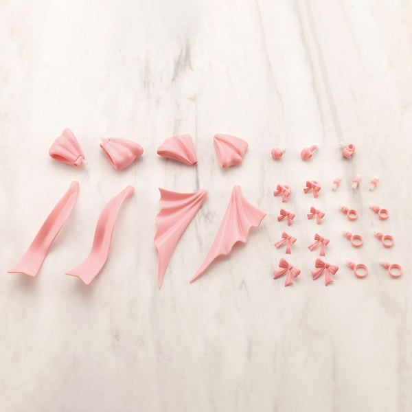 Kotobukiya MO003, pink ribbon loops, tails, knots, smaller ribbons and ring connectors laid out