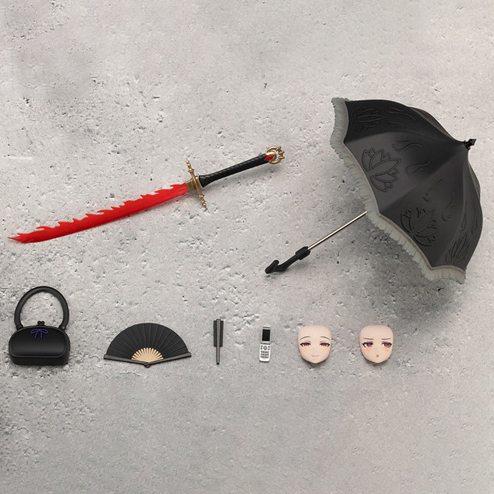 Kotobukiya MV020, parasol, katana, bag, fans, phone and face parts displayed without a character body