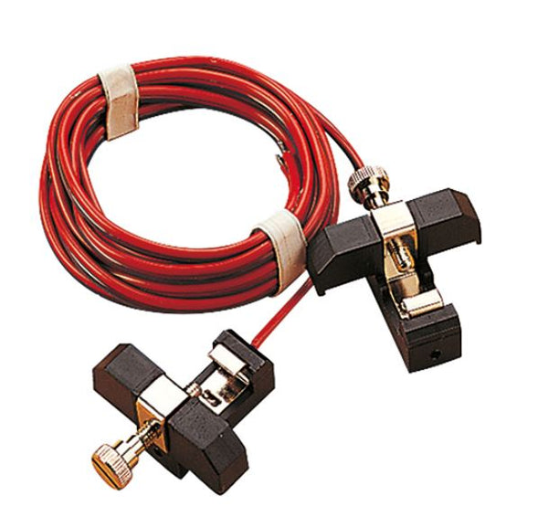 Coiled LGB 50160 track power cable with its two screw-clamp rail terminals.