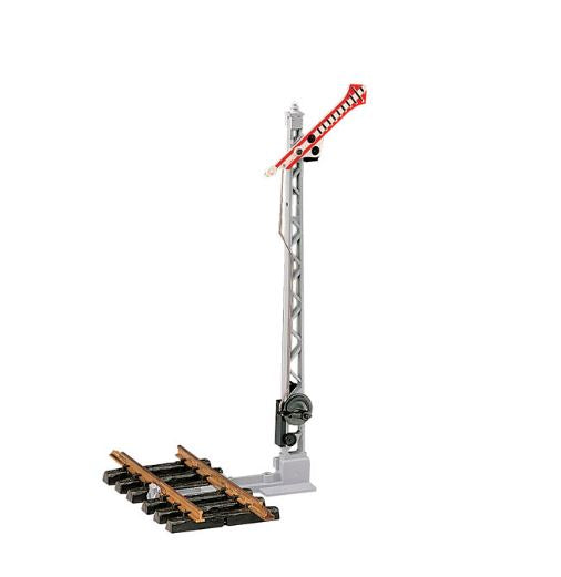 LGB 50300 manual semaphore signal with its red-and-white arm raised, shown clipped to example track that is not included.