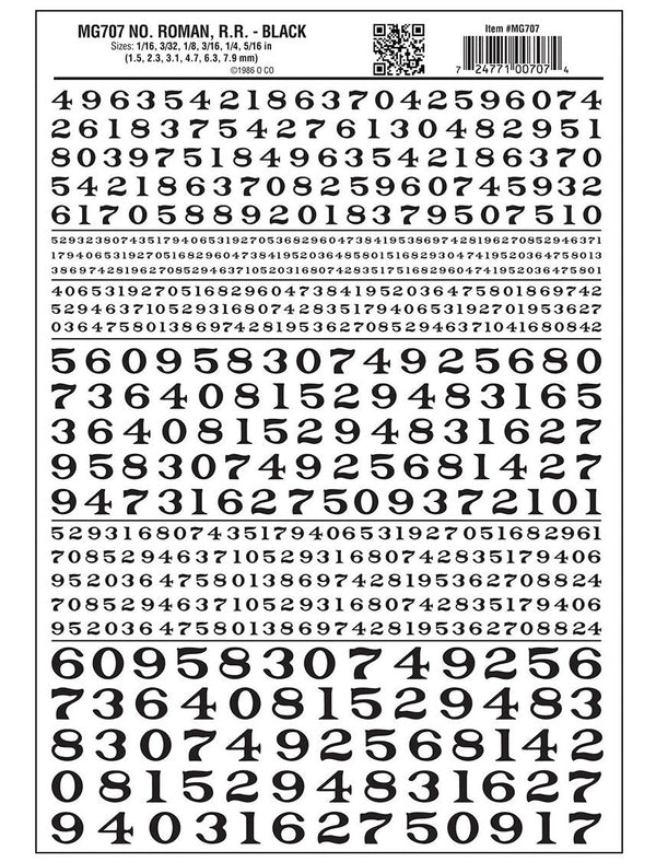 Woodland Scenics MG707 Dry Transfer Decals, Numbers Roman RR (Black) — exact product view