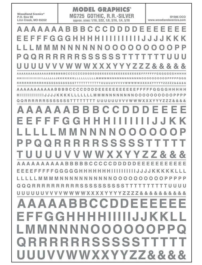 Woodland Scenics MG725 Dry Transfer Decals, Gothic RR (Silver) — exact product view