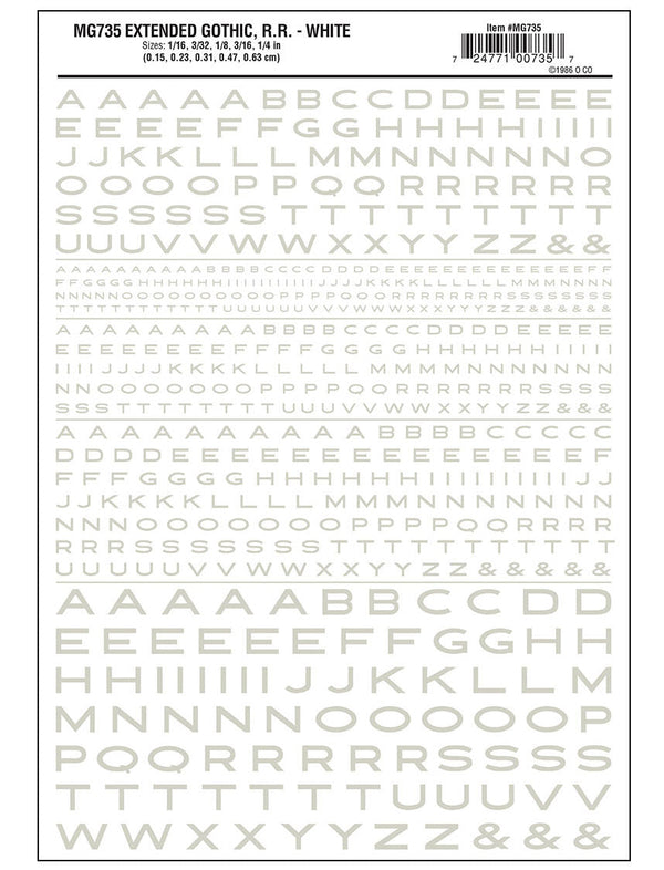 Woodland Scenics MG735 Dry Transfer Decals, Extended Gothic RR (White) — exact Woodland Scenics product 1