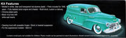 Moebius 2303 Sedan Delivery box side listing kit features and showing stock and custom builds