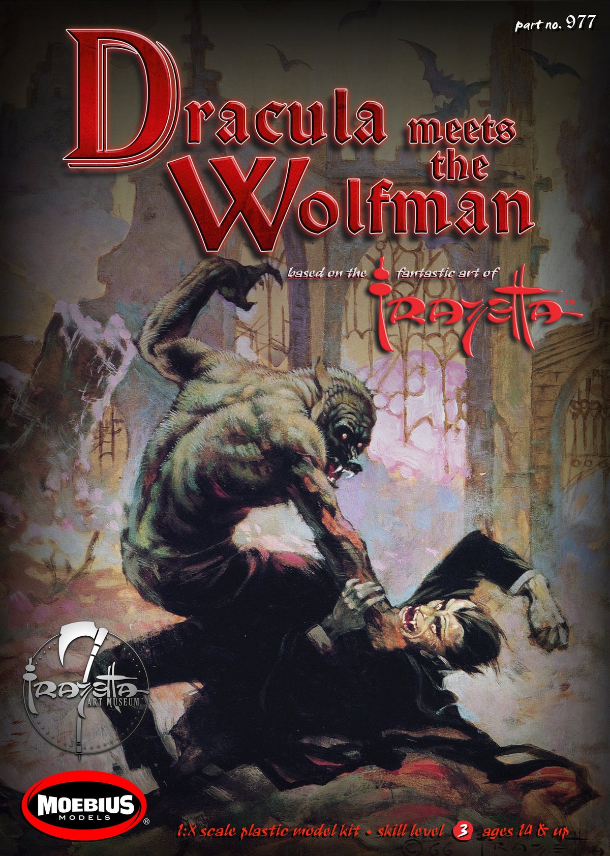 Moebius 977 Dracula Meets the Wolfman 1/8 model kit package artwork by Frank Frazetta