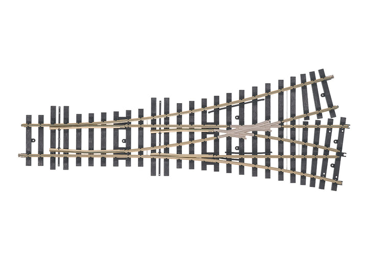 Top view of the Märklin 59091 Gauge 1 three-way turnout with its straight, left and right rail routes.