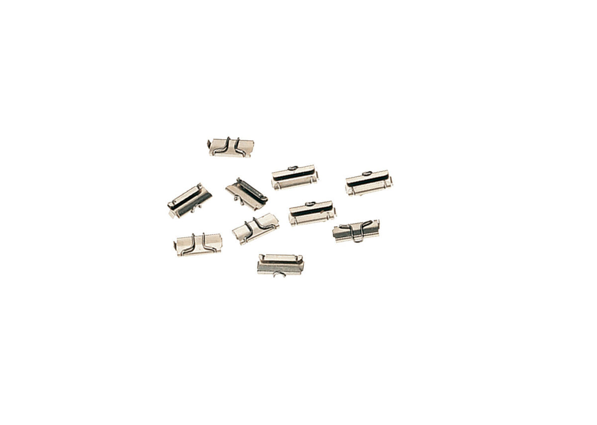 Sample of Märklin 59095 metal Gauge 1 rail joiners; the retail package contains 50 pieces.