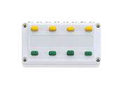 Märklin 72730 control box showing four yellow and four green pushbuttons and rear connection sockets.