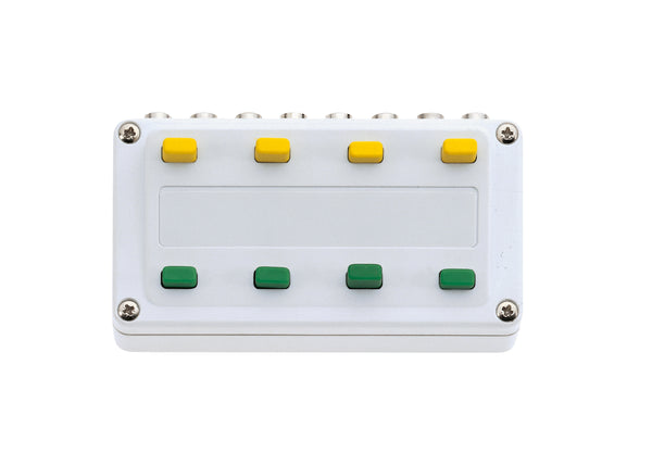 Märklin 72730 control box showing four yellow and four green pushbuttons and rear connection sockets.