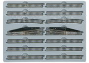 Märklin 8190 E extension set arranged in its tray with straight tracks, curves and two manual turnouts.