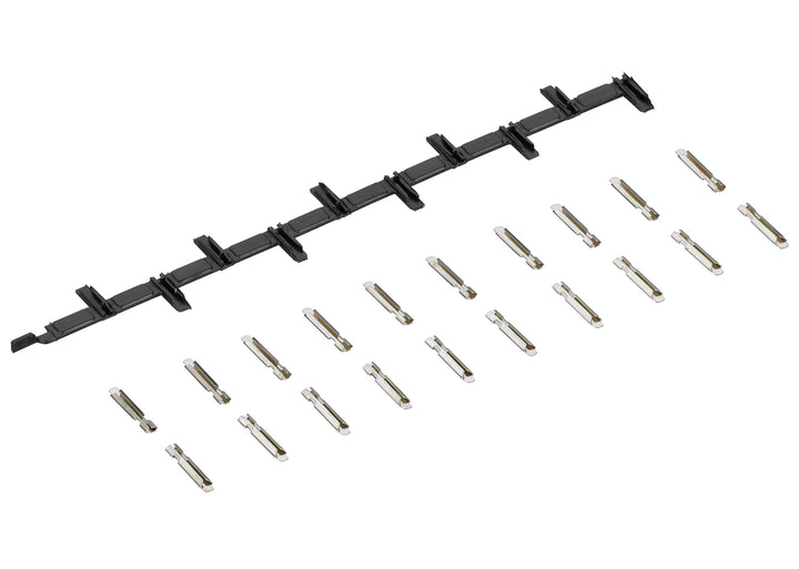 Märklin 8954 set showing the strip of insulated joiners and twenty separate metal rail joiners.