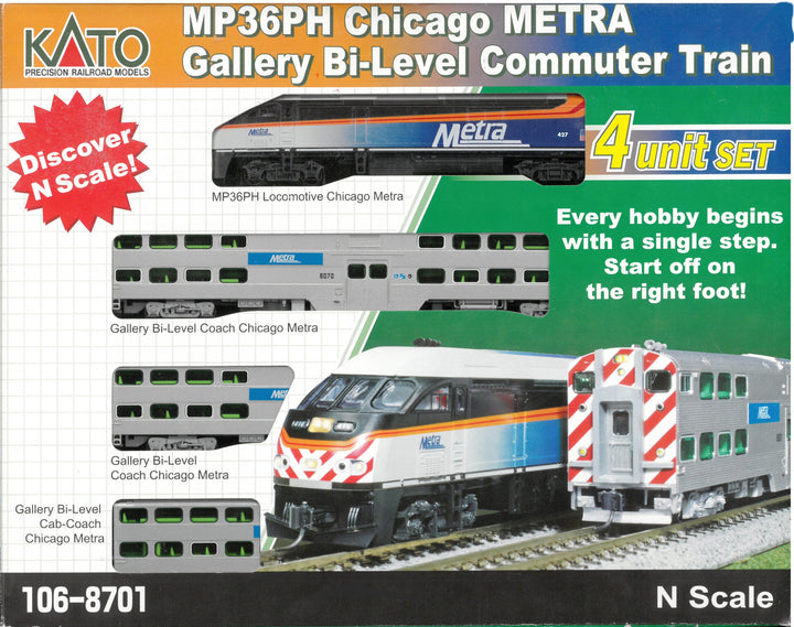 N MP36PH Chicago METRA Gallery Bi-Level Commuter Train 4-Car Set (106-8701) exact product view 1