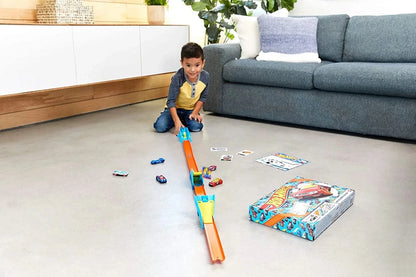 Monthly Hot Wheels Adventure Box gift set with display-ready cars and racing track components