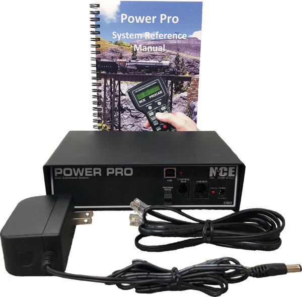 NCE CS03 Power Pro command station with its power supply, control-bus cable and reference manual
