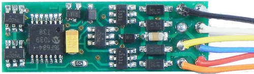 NCE N14SR hardwire DCC decoder showing the circuit board, components and attached wires