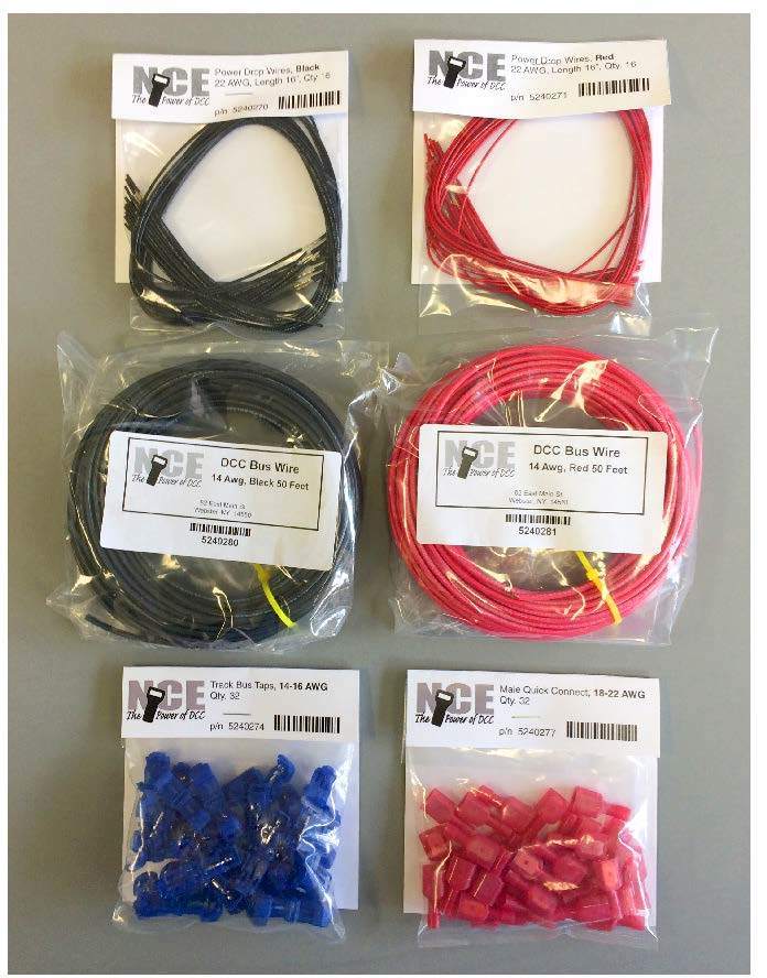 NCE LWK50 kit with red and black bus-wire coils, feeder-wire packets, blue taps and red quick connectors